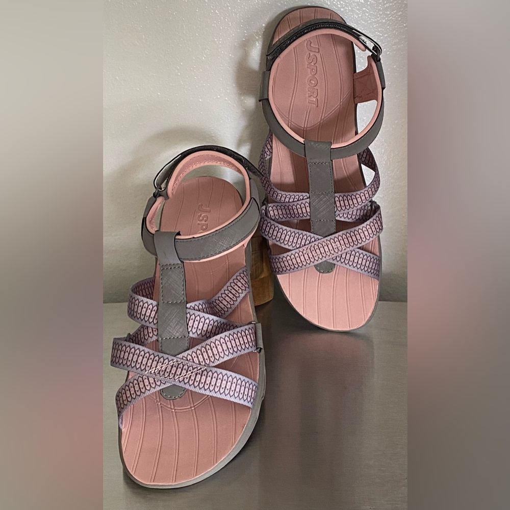 NEW.. WOMENS HOOK AND LOOP GRAY AND PINK COMFORT SANDALS